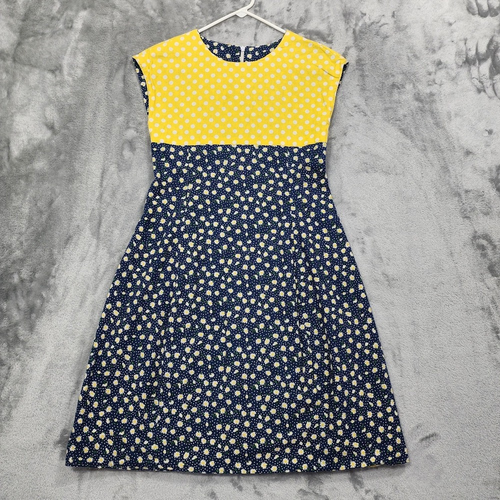 Vintage Dress Women XS Blue Yellow Floral Polka Dot Cotton Mini Cap Sleeve Daisy